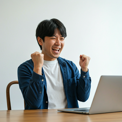 A person celebrating a successful product launch on their laptop.