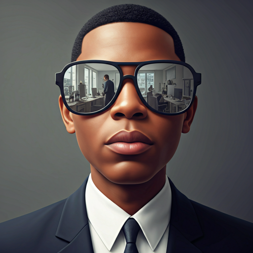 Meme visual for Real-time Vibe Checks, showing a character calmly sipping tea while a chaotic office is reflected in their sunglasses